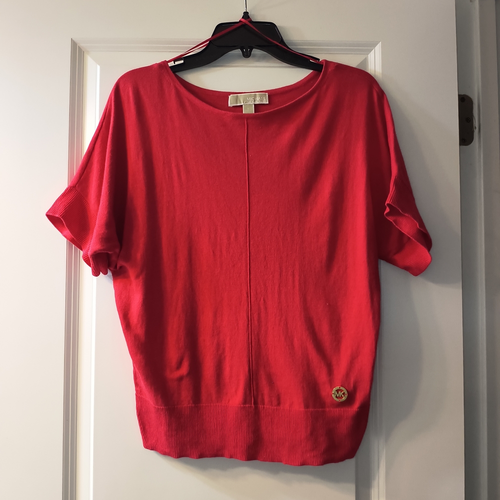 MICHAEL KORS S Red Coral Knit Top Gold MK Logo Dolman Short Sleeve Sweater